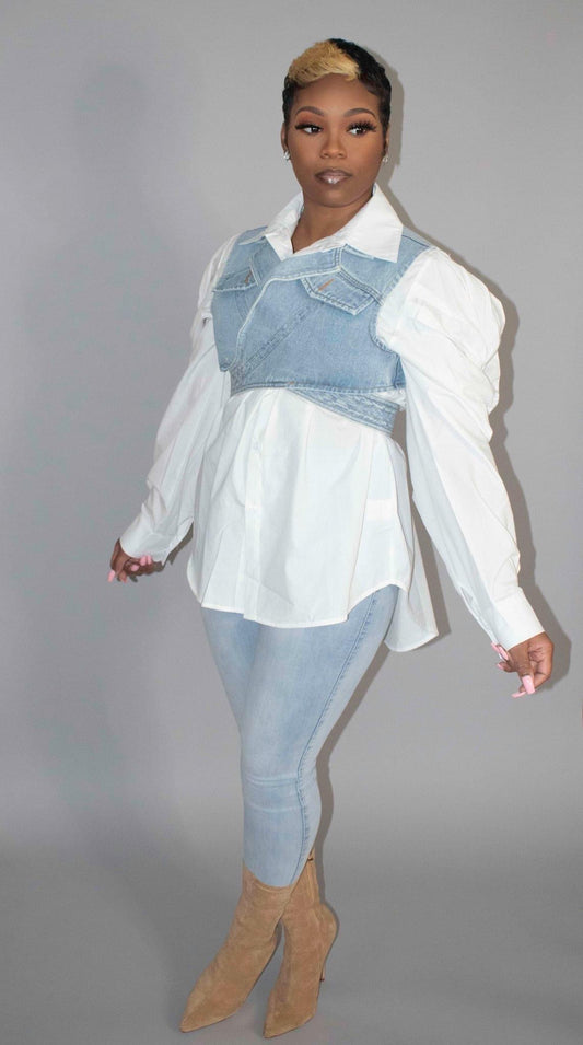 Vixen Denim/White Puff Sleeve Button Up